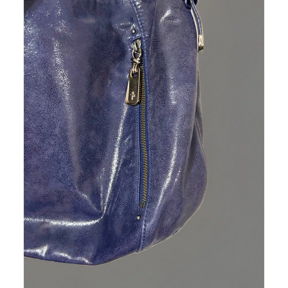 VTG Cole Haan Blue Crackle Patent Leather Slouchy Hobo Handbag Silver/ Gold Zip